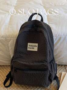 Large Capacity Fashionable Plaid Multi-Pocket Nylon Casual Backpack, Waterproof Lightweight Foldable Patch Letter Travel Bag, Summer - Black - View 5