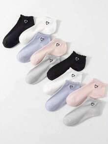 1/4 Pair Women Heart Print Solid Color Ankle Socks, Suitable For Daily Wear - Multicolor - View 4