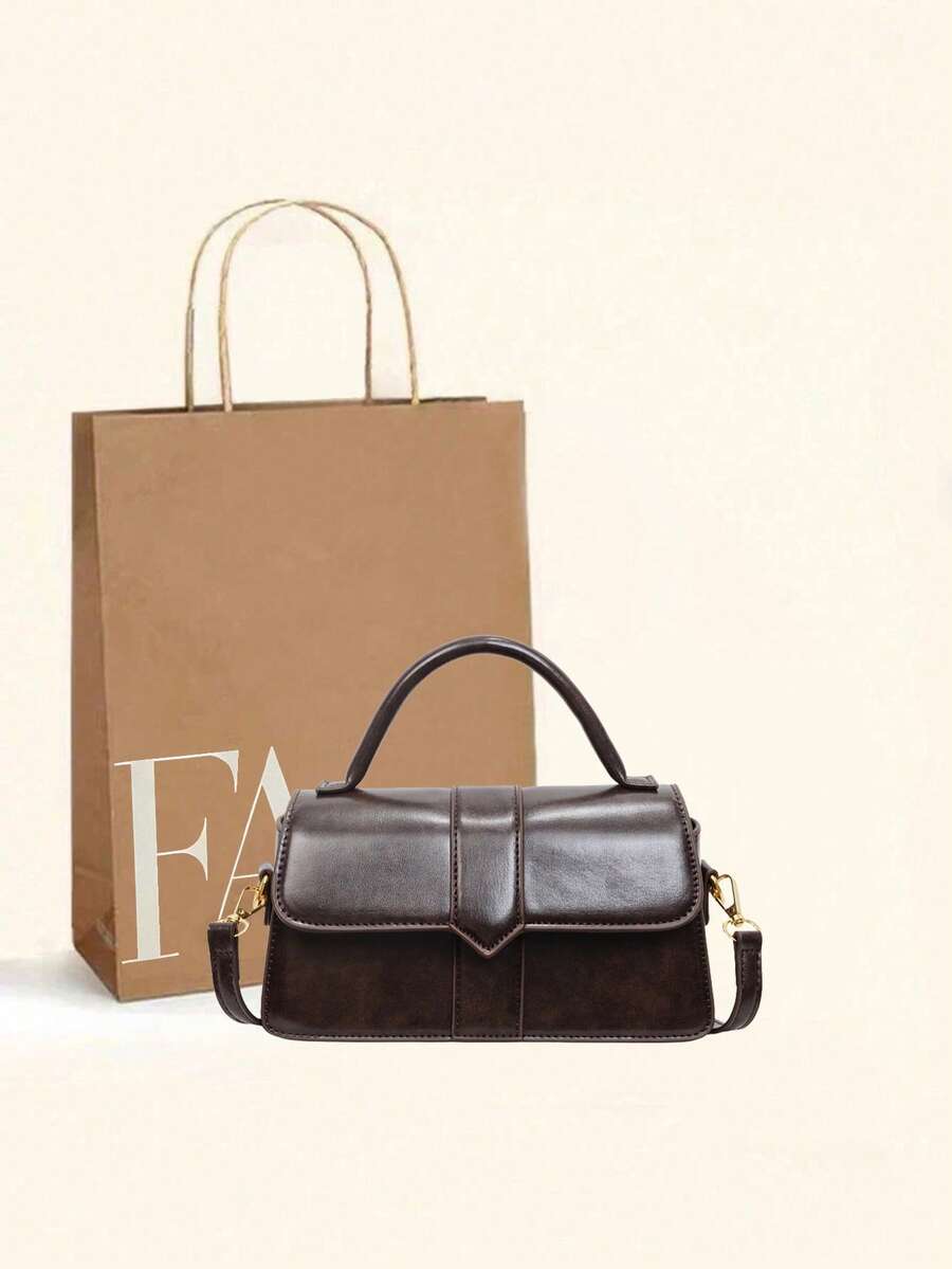 Vintage Brown Mini Handbag, Structured 3-Layer Crossbody , Minimalist Square  With Flap Magnetic Snap Closure,