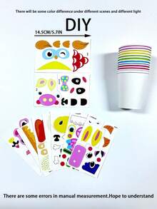 情人节DIY纸杯绘画套装，包含彩色纸杯贴纸和配件，12种不同动物形状的纸板，适合学校DIY艺术项目，图案清晰，有助于提升协调能力，是学习用品，也是情人节派对礼物。 - 彩色 - 查看 4