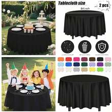 2 Pack Black Tablecloth Round 84 X 84 Plastic Table Cover Waterproof Black Table Cloth Disposable For Wedding Birthday Baby Shower Halloween Party Picnic Circle Tablecloth - 黑色 - 查看 7