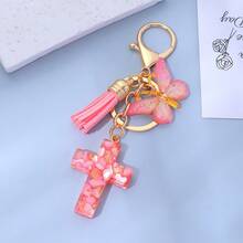 Resin Cross Keychain, Women's/Girls' Style, With Butterfly Pendant And Tassel, Inlaid With Pebbles, Sparkling Hearts And Purple Sequins, Fashionable Jewelry Gift, Easter Baptism Party Gift, Car Ornament, Bag Pendant, Cute Gothic Style Y2K.Bag Charms,Keychains,Purse Charms,Plush Keychain,Keychain,,Girls Keychain,Cute Keychains For Girls,,Keychains For Woman,Bag Charms,Christmas Gifts - 粉色 - 查看 9