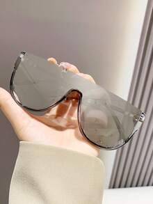 Gafas de sol de moda Y2K con lente única y espejo de mercurio oversize, gafas de sol unisex para damas, mujeres y hombres, con protección UV400 para rostros grandes y conducción al aire libre - Plateado - Ver 2