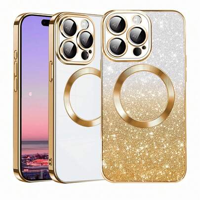 1pc Gold Gradient Luxury Electroplated Magnetic Wireless Charging Protective Case With Transparent Glitter Paper Lens Protection Film, Deluxe Plated Soft TPU Glitter Gradient Paper Shiny Anti-Scratch Anti-Fingerprint Phone Case Compatible With Apple 17Pro/17ProMax/Air/17/16Pro/16ProMax/16Plus/16/16E/SE4/15Pro/15ProMax/15Plus/15/14Pro/14ProMax/14Plus/14/13Pro/13ProMax/13/12Pro/12ProMax/12/11ProMax/11/11Pro