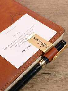 1pc Customized Logo Stainless Steel & Leather Pen Holder, Pen Clip, Notebook Bookmark Organizer, Pen Case, Office Stationery, Accessories, Money Clip, TN Planner Pen Holder - Multicolor - View 3