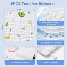 12Pcs Paños de Muselina para Bebé,Trapitos para Bebé de 100% Algodón de 6 Capas, Toallitas para Bebé de Tela en 25*25cm (8 Pcs)+ 25*50cm (4 Pcs), Suave Y Absorbente, para Piel Sensible, Recién Nacidos - / - Ver 4