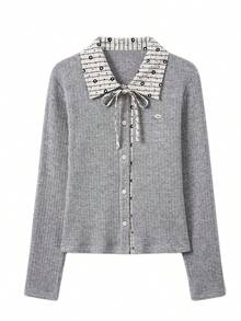 Women's Casual Front Button Knit Top - Grey - View 7