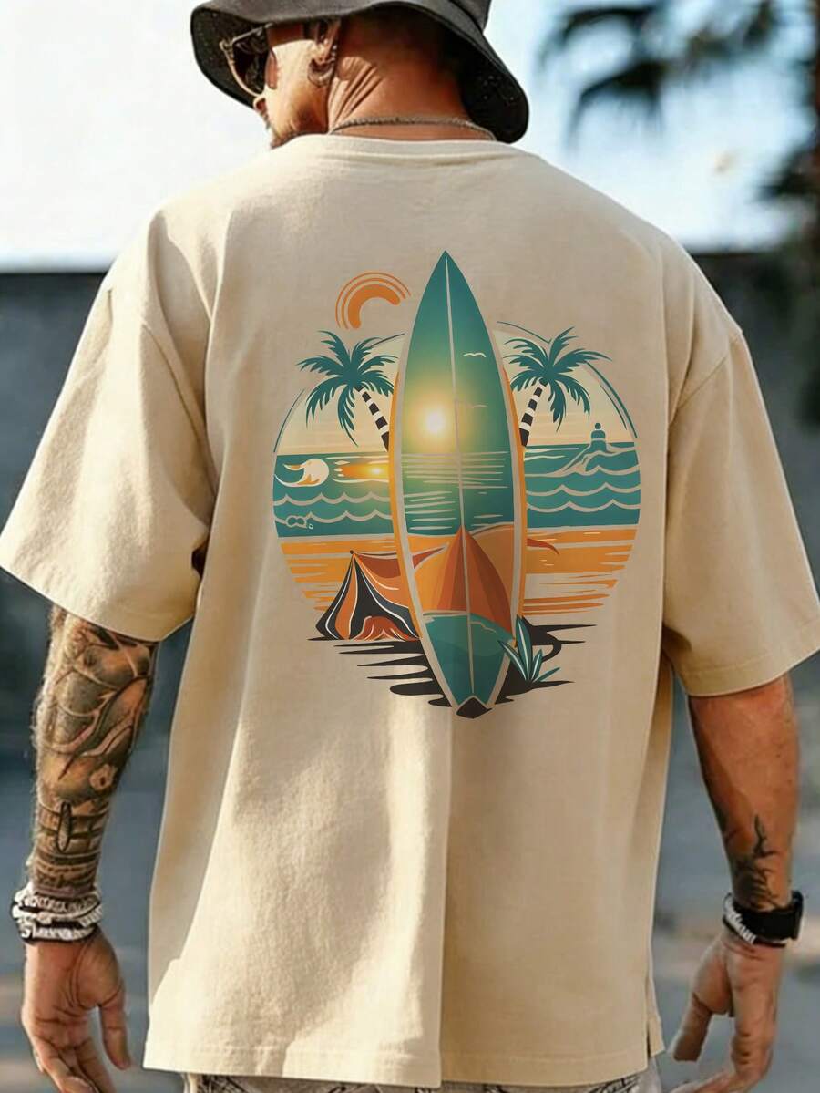 Camiseta de manga corta casual para hombre con estampado de tema de playa, cómoda y transpirable, adecuada para el uso en verano, de moda destacada - Albaricoque - Ver 1