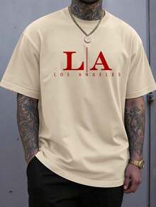 Manfinity Homme Men's Fashion Round Neck Short Sleeve Letter Graphic Casual T-Shirt Los Angeles T Shirt - 杏色 - 查看 1
