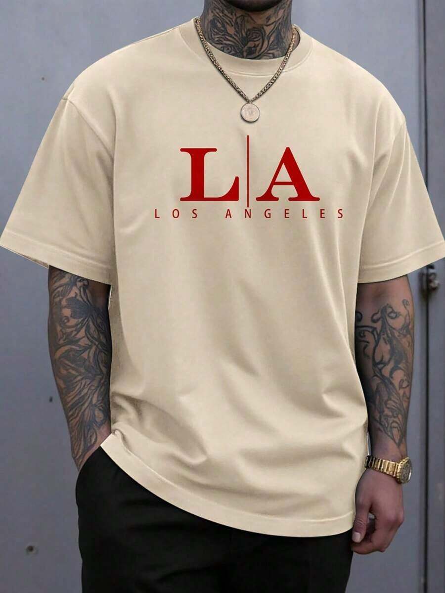Manfinity Homme Men's Fashion Round Neck Short Sleeve Letter Graphic Casual T-Shirt Los Angeles T Shirt - 杏色 - 查看 1