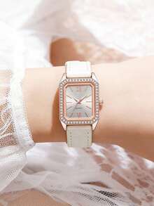1只女士简约长方形罗马数字表盘时尚竹节表带手表，适合日常佩戴、生日、女士礼物、周年纪念、年末促销、双十一、万圣节促销，不含礼盒 - 白色 - 查看 5