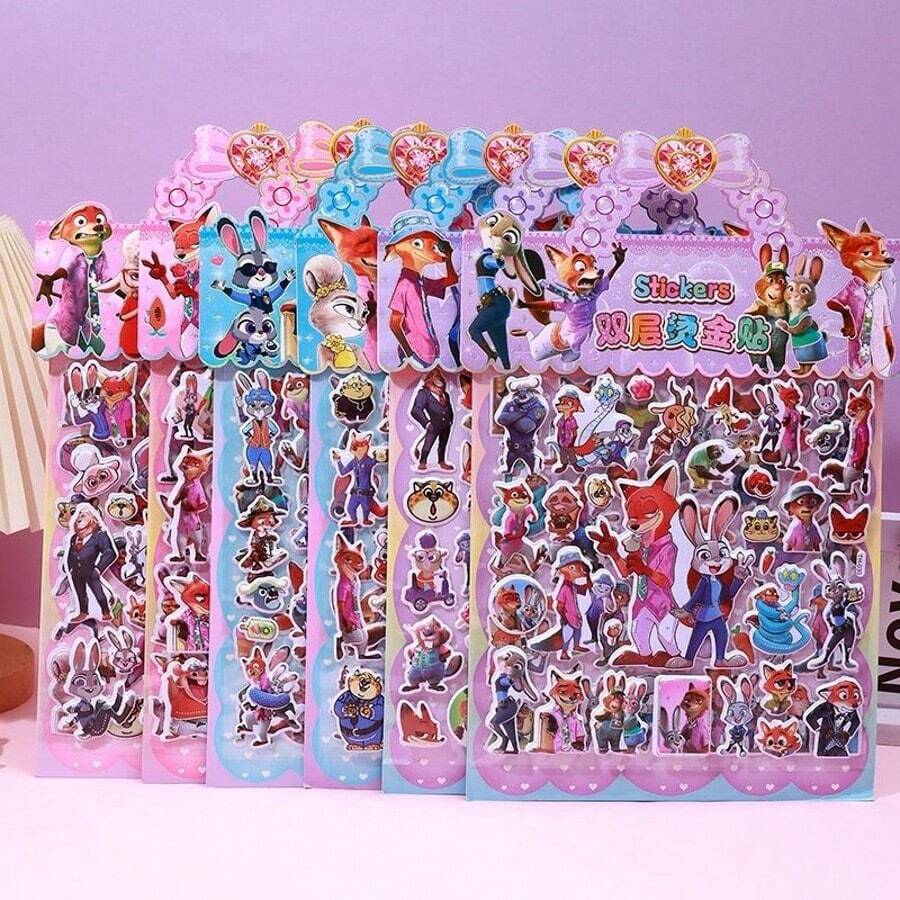 1张新款疯狂双层烫印贴纸，手持Judy & Nick卡通材质贴纸，DIY贴纸，款式随机，新年礼物，情人节礼物，复活节礼物 - 彩色 - 查看 1