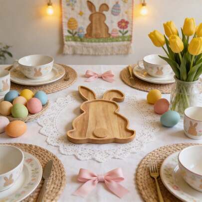 1pc Wooden Rabbit Shaped Easter Bunny Cutting Board, Cheese Board, Serving Tray, Holiday Salad Plate, Fruit Platter