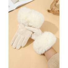 Cute 1pair Women's White Imitation Wool High Density Cuff Warm Gloves With Touchscreen Function, Winter Outdoor Cycling Accessory - trắng - Xem 4