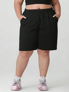 大码女式纯色休闲短裤，夏季运动裤，直筒裤型，5英寸内缝，弹性腰带配抽绳和拉链口袋，适合瑜伽、跑步、健身等运动。 - 黑色 - 查看 2