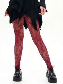Enchanted Evening Stockings - Wine Red Lace Fishnets With Floral Detail For Date Night & Special Occasions - Burgundy - View 2