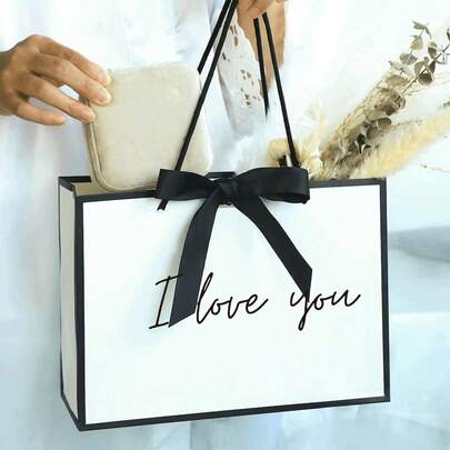 1pc "I Love You" Bow Gift Bag, Lightweight Foldable Paper Shopping Bag With Ribbon. Ideal For Gifting To Girlfriends, Wives, Partners, Especially For Birthdays, Valentine's Day, Weddings, Thanksgiving And Other Occasions To Express Gratitude. (Bow To Be Tied By The Recipient)