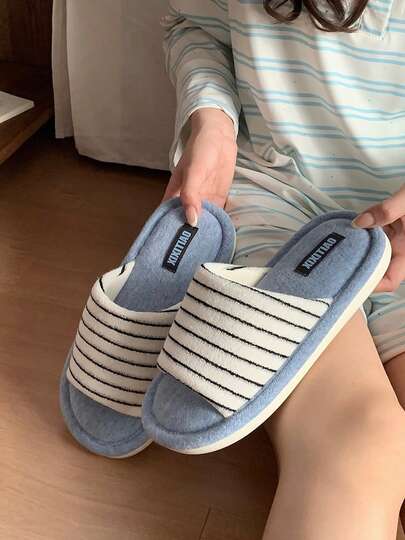 XIXITIAO 1 Pair Retro Color Block Striped Slippers, Soft Sole Comfortable Indoor Couple Flip Flops, Suitable For Autumn/Winter Home Wear