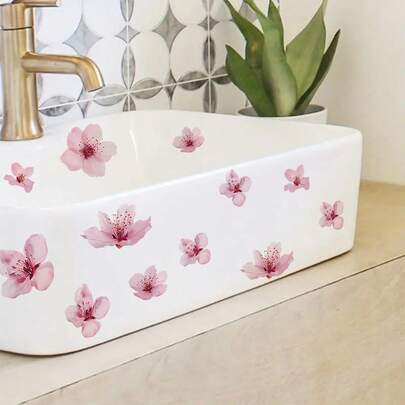 1pc Pink Cherry Blossom Sink Sticker, Bathroom Self-Adhesive Waterproof Fresh Floral Decal To Create A Soft Ambiance For Vanity