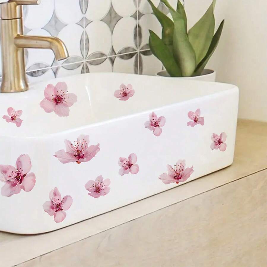 1pc Pink Cherry Blossom Sink Sticker, Bathroom Self-Adhesive Waterproof Fresh Floral Decal To Create A Soft Ambiance For Vanity - Multicolor - View 1