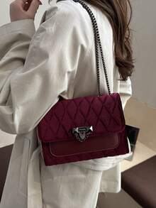 韩版菱形字母压纹休闲手提包，2024新款时尚达人简约单肩斜挎方包 - 酒紅色 - 查看 3