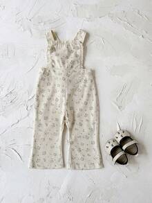 Baby Girl Cute Ditsy Floral Beige Bib Pants, Spring/Autumn (Shirt Not Included) - Beige - View 8