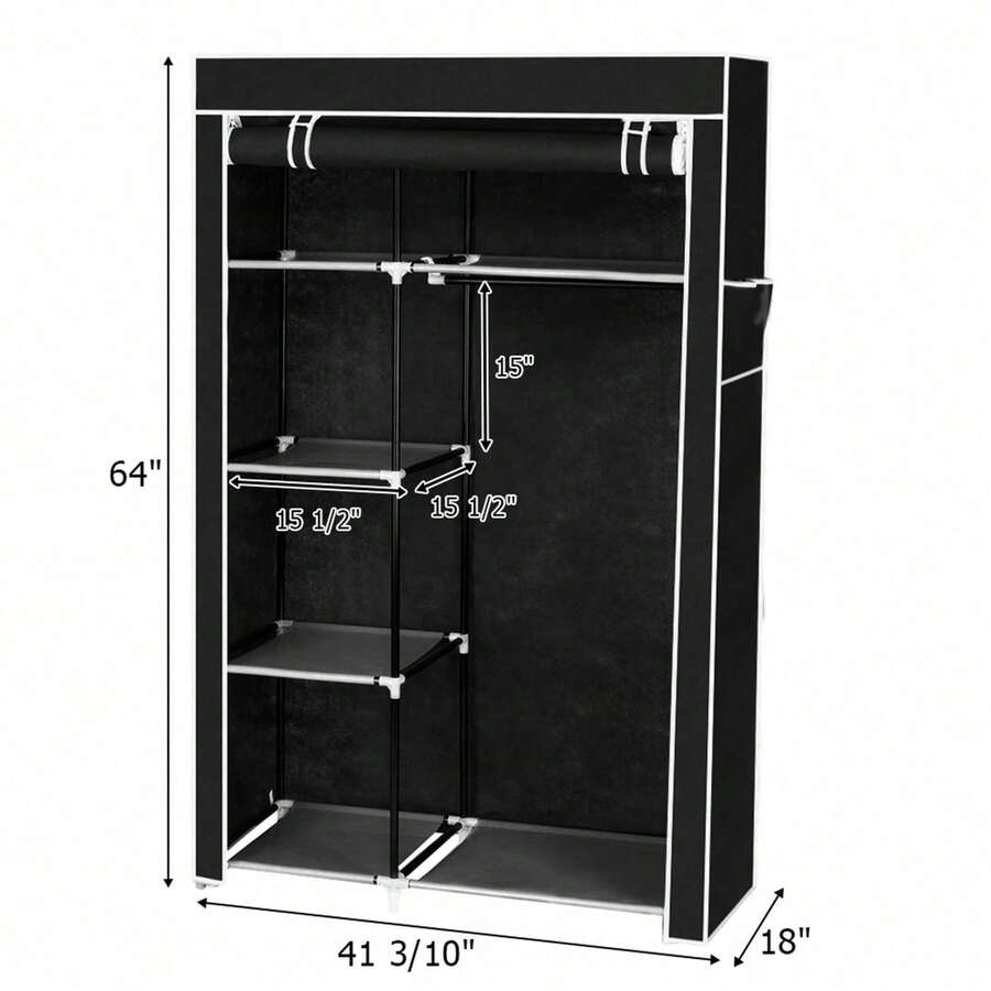 Black 64" Portable Closet Wardrobe With Shelves - Sturdy Clothes Rack Storage Organizer For Home Dorm Bedroom - 預設 - 查看 1