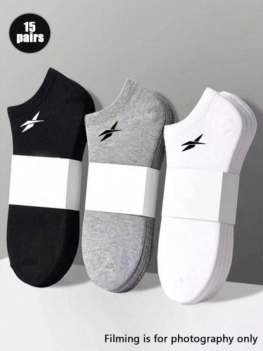 15 Pairs Unisex Solid Color Black/White/Grey Short Socks, Fashion Minimalist Sports Socks, Invisible Socks, Suitable For Daily Wear And Outdoor Activities, All Seasons, Christmas Gift - Multicolor - View 1