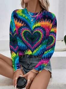 Women's Multicolor Tie-Dye Heart Print Long Sleeve T-Shirt - All-Over  Pattern With Blue Pink Green Yellow Orange Red White Black, Round Neck Casual Spring/Fall Top For Valentine's Day & Casual Attire, Fall Outfit, Spring Fashion, Colorful Design, Breathable Material, Machine Washable, Printed Blouse, Women, Gift Seekers   Ideal For Everyday Wear, Casual Layering, And Comfort, This Relaxed Shirt Is A Versatile Holiday Top Suitable For Camping Or Hiking, Designed For Year-Round Casual Dressing - Mixed Color - 查看 4
