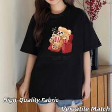 Clean Girl Teddy Bear Movie Popcorn Chair Soft Ribbed Knit Tee Work Weekend Casual - Negro - Ver 6