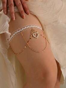 1pc Bride Leg Chain White Lace Trim Gold Chain With Butterfly & Heart Pendant Bridal Thigh Chain