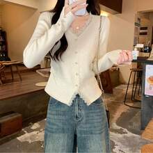 2026 Women's Lace Patchwork V-Neck Long Sleeve Knitted Sweater, Hollow Out Design, Cropped Pullover Top, Spring - Apricot - View 3