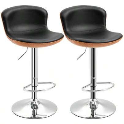 HOMCOM Kitchen Bar Stools, Set Of 2, Height-Adjustable, Swivel, With Footrest And Backrest, Faux Leather, Up To 120 Kg, 46 X 53.5 X 85-106 Cm, Black