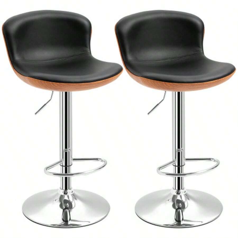 HOMCOM Kitchen Bar Stools, Set Of 2, Height-Adjustable, Swivel, With Footrest And Backrest, Faux Leather, Up To 120 Kg, 46 X 53.5 X 85-106 Cm, Black - Black - View 1
