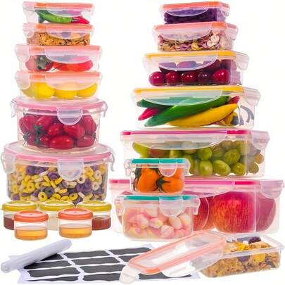 24pcs Microwave Kitchen Storage Set, Shatterproof Plastic Food Containers With Lids, Labels And Markers, Suitable For Transparent Food Storage Cabinets, Refrigerators, Lunch Boxes, Restaurants, Bars, Supermarkets, Hotels, Grains, Flour And Sugar Food Storage Containers With Easy-Snap Lids