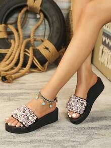 Sandal Jepit Minimalis Wanita, Sandal Pantai Kain Warna Polos dengan Aksen Kupu-kupu Berlian Imitasi, Sandal Selop Hak Platform Nyaman untuk Semua Musim - MultiWarna - View 6