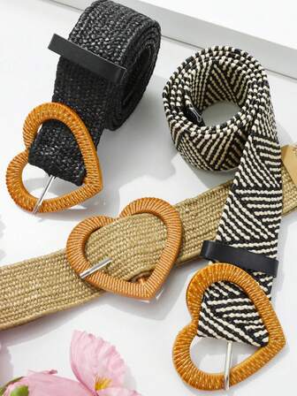 Grass Square Buckle Elastic Woven Waist Belt, Decorative Belt For Dresses And Long Shirts