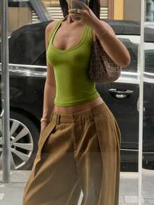 夏季外出女式上衣，适合音乐会、音乐节等场合，无袖露背吊带衫。 - 綠色 - 查看 1