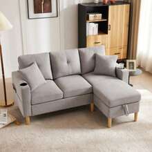Modern L-Shaped Sofa, 3-Sitzer-Sofa With Chaiselongue, Stauraum, Integrated Getränkehalter, With 2 Kissen Geliefert, Geeignet Für Wohnzimmer, Büro, Wohnung Usw., Video Verfügbar - Light Gray - View 1