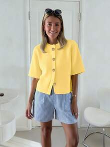 秋夏季女装时尚法式柔软蜡面高级感宽松针织开衫女士短款慵懒风毛衣上衣休闲 - 黃色 - 查看 5