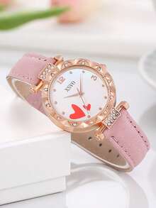 3pcs/Set Creative & Fresh Women's Round Dial Quartz Watch, Rose Gold Quartz Watch With Pink Leather Strap, Suitable For Women's Daily Wear Or Gift, Ideal For Christmas, Valentine's Day, Ramadan, Eid, Carnival - White - View 5