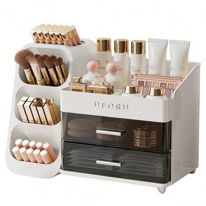1个高级优雅梳妆台化妆品收纳盒，带刷架，台面护肤品收纳盒，带2个抽屉，宽敞的化妆品展示盒，可存放香水、眼影盘、指甲油等。