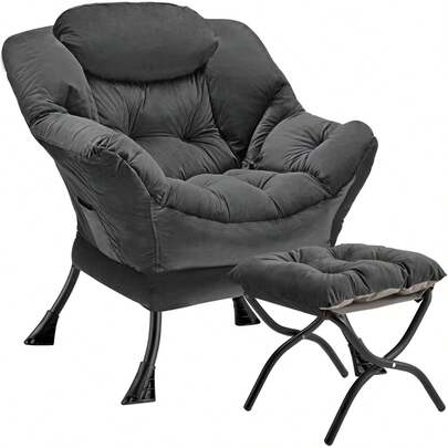 Silla tapizada plegable con otomano, moderna, grande, con reposabrazos, para descanso, ocio, lectura, para recámara, oficina, gris oscuro-f