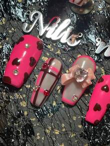 Bộ 10 móng giả acrylic ngắn hình vịt, màu hồng đỏ và trắng, trang trí nơ 3D và kim cương, đá quý nhiều màu sắc, họa tiết trái tim vẽ tay, chấm bi và hình học, phù hợp cho sử dụng hàng ngày, tiệc tùng, ngày lễ, tiệc theo chủ đề, ngày Valentine (Bao gồm: 1 gel dẻo và 1 miếng đánh bóng) Dụng cụ làm móng - Màu Hồng Tươi - Xem 7