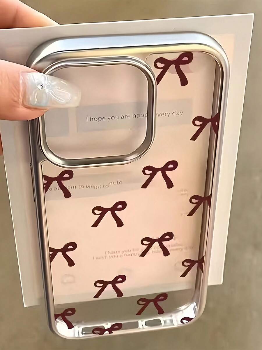 1pc Electroplated Transparent Wine Red Bow Tie Minimalist TPU Shockproof Phone Case Compatible With Apple 17, 16, 15, 14, 13, 12, 11 Pro Max, Air - Multicolor - View 1