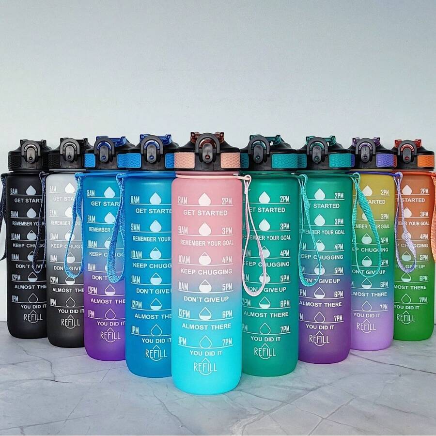 1000ml/33.8oz Gradient Color Plastic Outdoor Sports Water Bottle, Matte Finish With Strap, Time Scale, Convenient Straw, Suitable For Men And Women - Multicolor - View 1