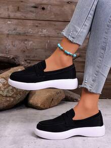 圆头厚底休闲百搭厚底乐福鞋，舒适轻便，适合步行，可搭配裤装，日常穿着，学生、女士皆宜，2026新款上市 - 黑色 - 查看 2