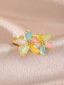 1pc Elegant & Sweet White 5-Petal Flower Ring, Suitable For Daily Wear, All Seasons, Great Gift Item - Gold - View 8