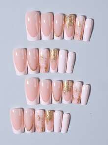 24片长棺材形白色法式美甲贴纸，带闪光设计，可重复使用，按压式甲片套装，含1片果冻胶和1个指甲锉，适合女性和女孩日常佩戴或参加派对美甲。 - 彩色 - 查看 3