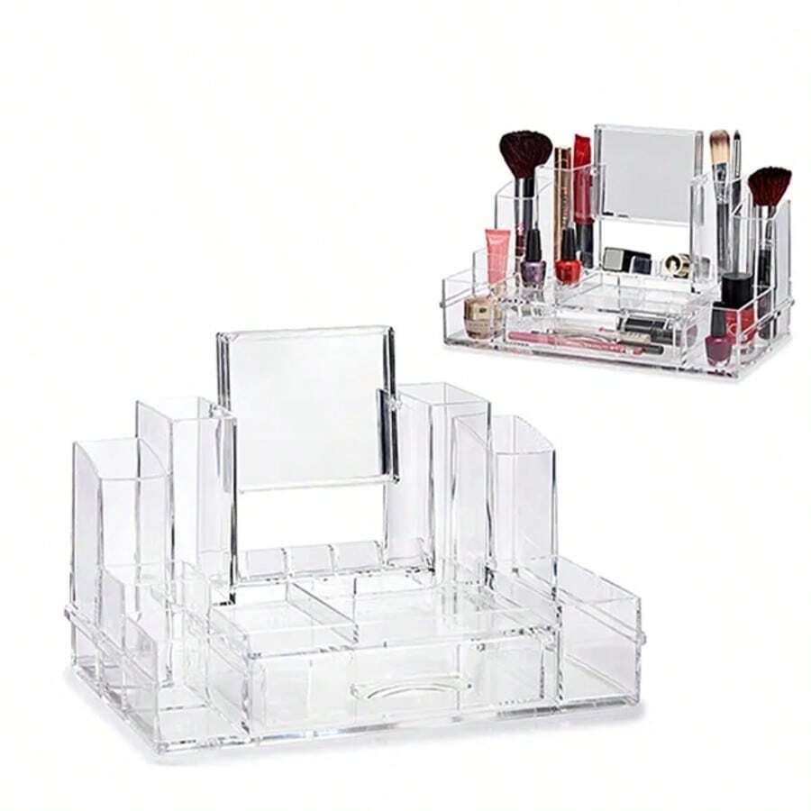STARLEY - Organizador de Maquillaje Transparente con Espejo y 13 Compartimentos – Caja de Almacenaje para Cosméticos, Brochas y Accesorios | Ideal para Tocador, Dormitorio o Baño - transparente - Ver 1